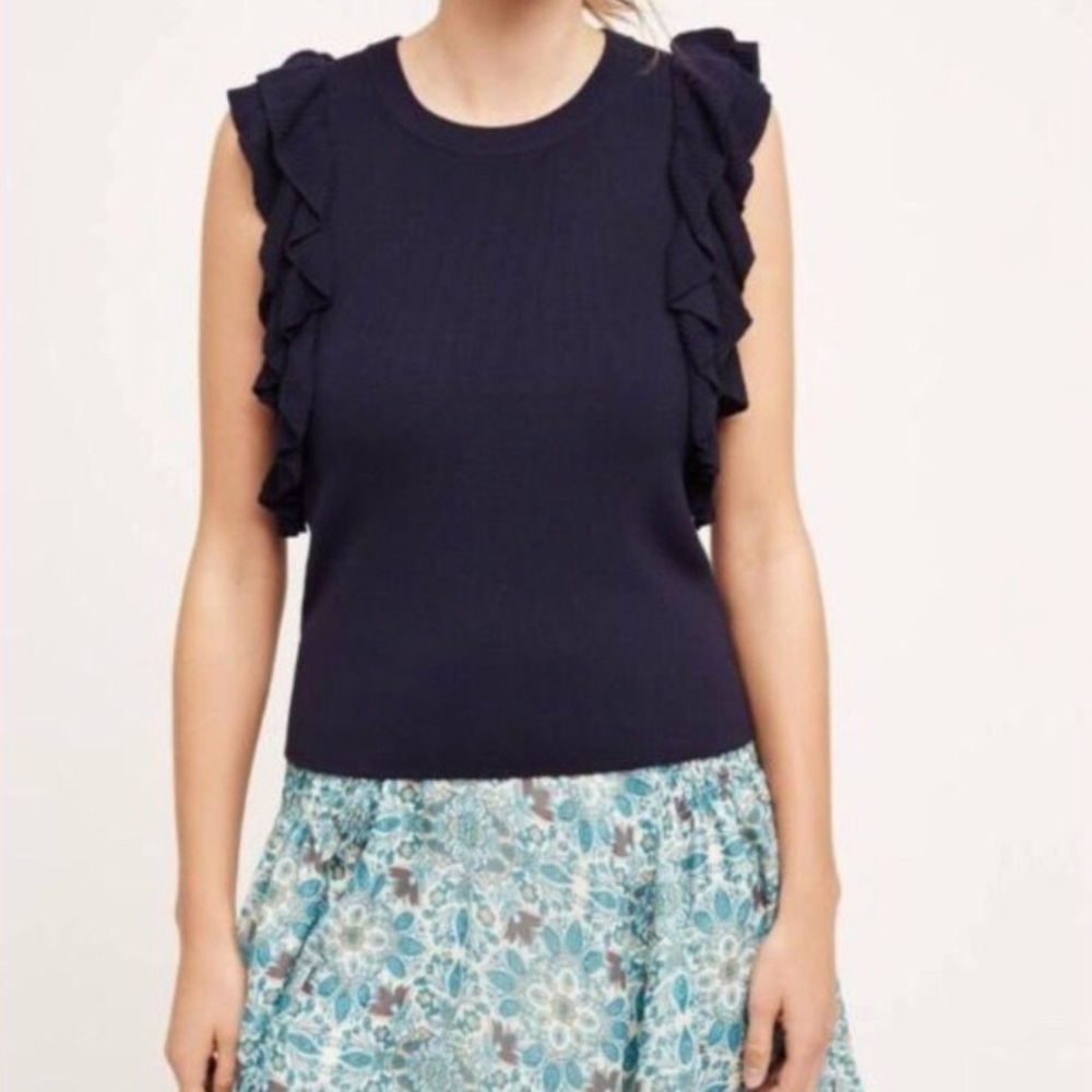 Anthropologie Navy Ruffle Top